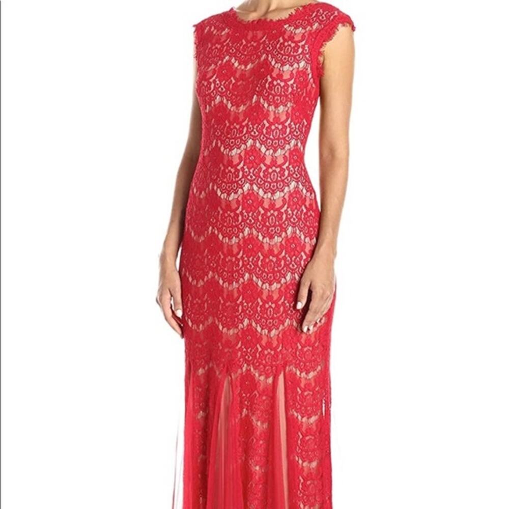 Betsy & Adam Orange Red Cap Sleeve Lace Long Evening Gown Dress Size 4